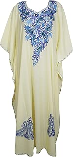 Indiatrendzs Womens Lounge Wear Kimono Kaftan Floral Embroidered Beach Cover Up 2X Light Yellow
