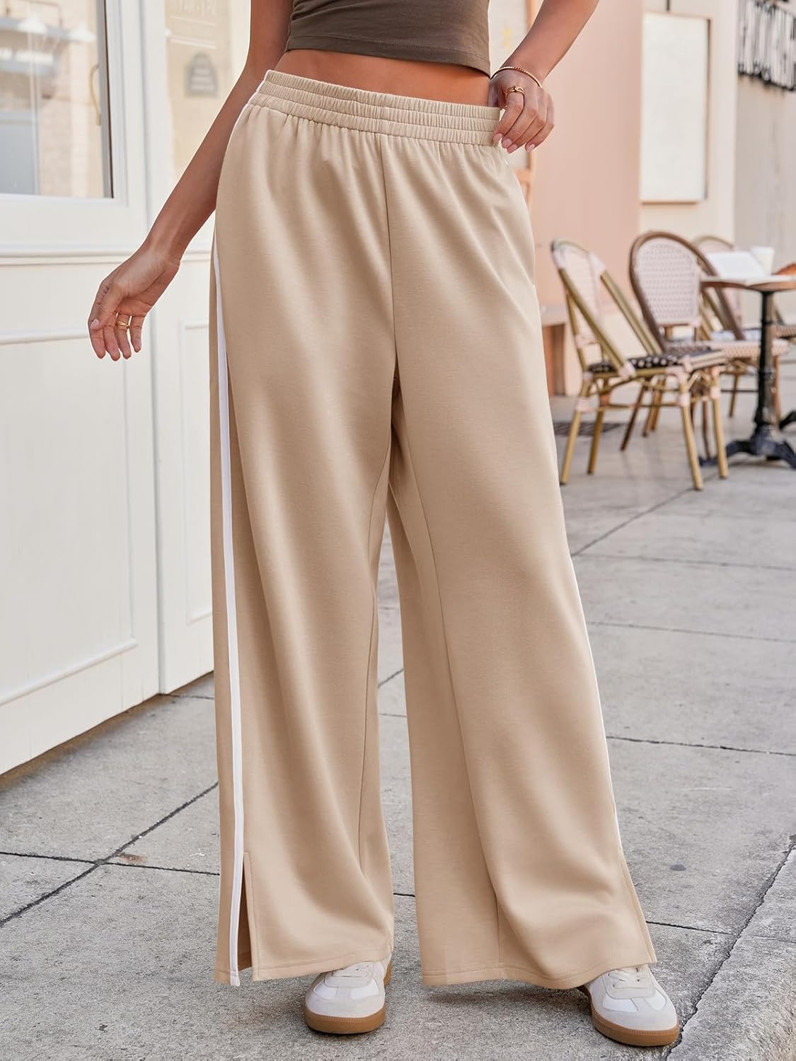 Fisoew Womens Wide Leg Pants Casual Baggy Elastic Waist Side Slit Contrast Stitch Loose Workout Sweat Pants with Pockets - Image 3