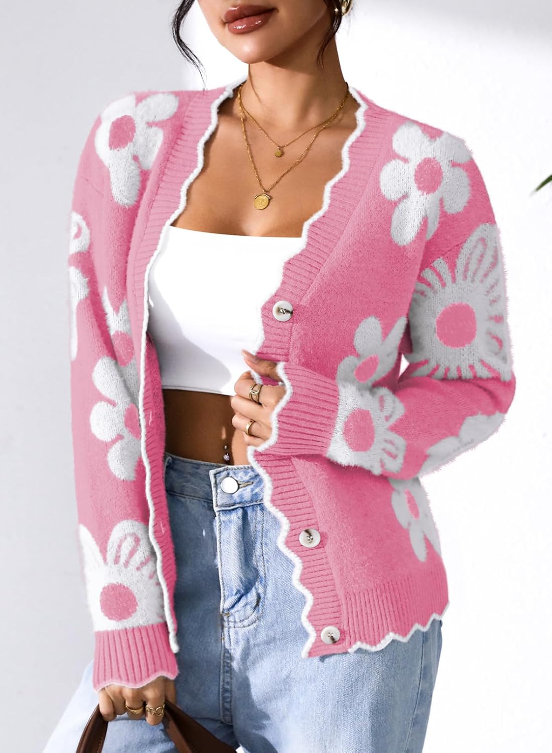 Pink Queen Fuzzy Sweater Cardigan for Women 2025 Fashion Long Sleeve Flower Outerwear Button Down Open Front Cardigan Coat - Image 4