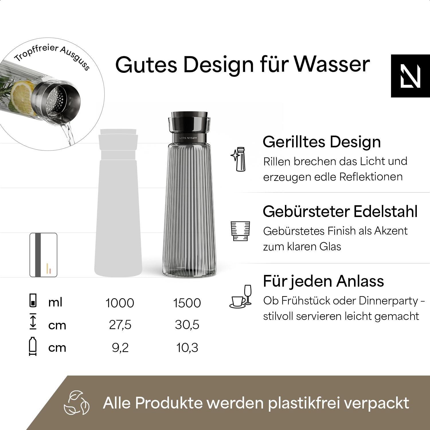 LARS NYSØM Wasserkaraffe 1,5l mit integriertem Sieb aus Edelstahl | Elegante Glaskaraffe mit Sieb für Saft & Limonade | Wasserkrug mit Riffel-Design für Alltag & Gäste (Graphite/Black, 1500ml)