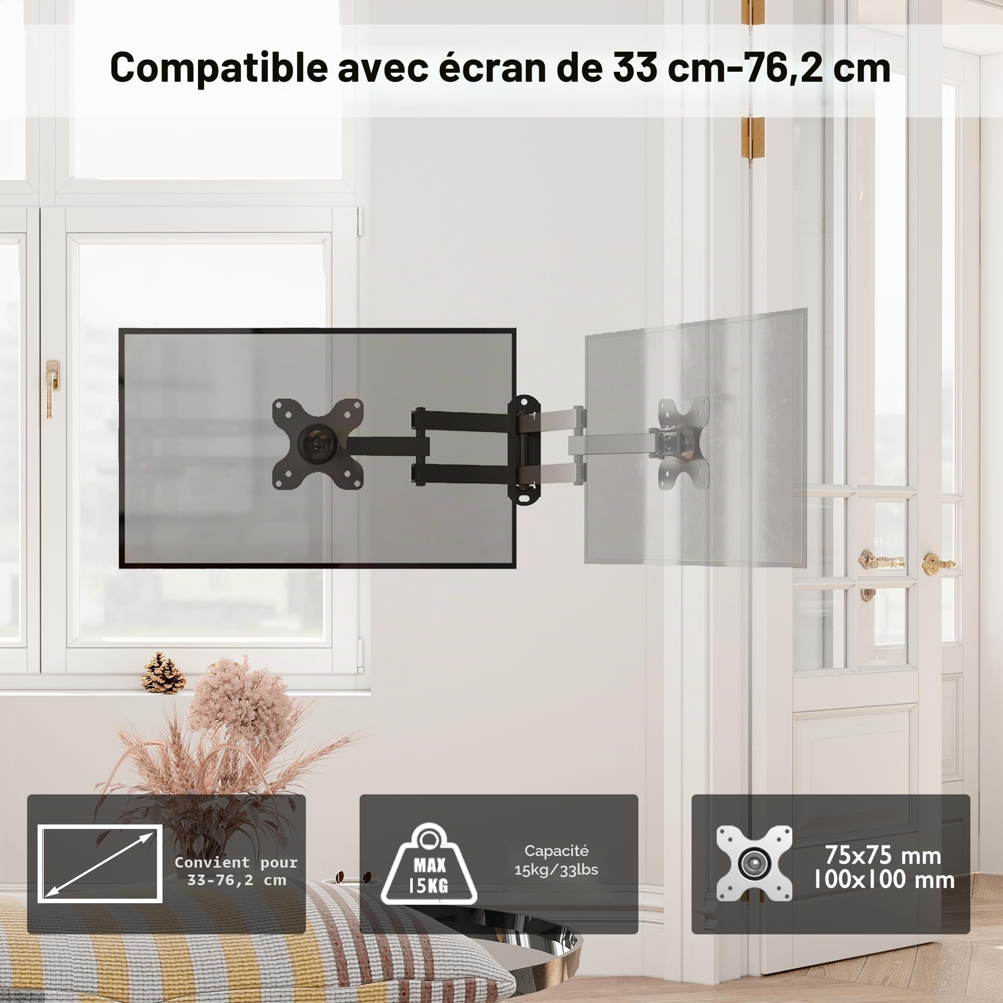 BONTEC Support TV Mural Orientable et Inclinable Universel pour Télévision et Moniteur 13-30 Pouces, Fixation Murale VESA 75x75/100x100mm, Charge Max 15kg, Extension 38.2cm, Facile à Installer