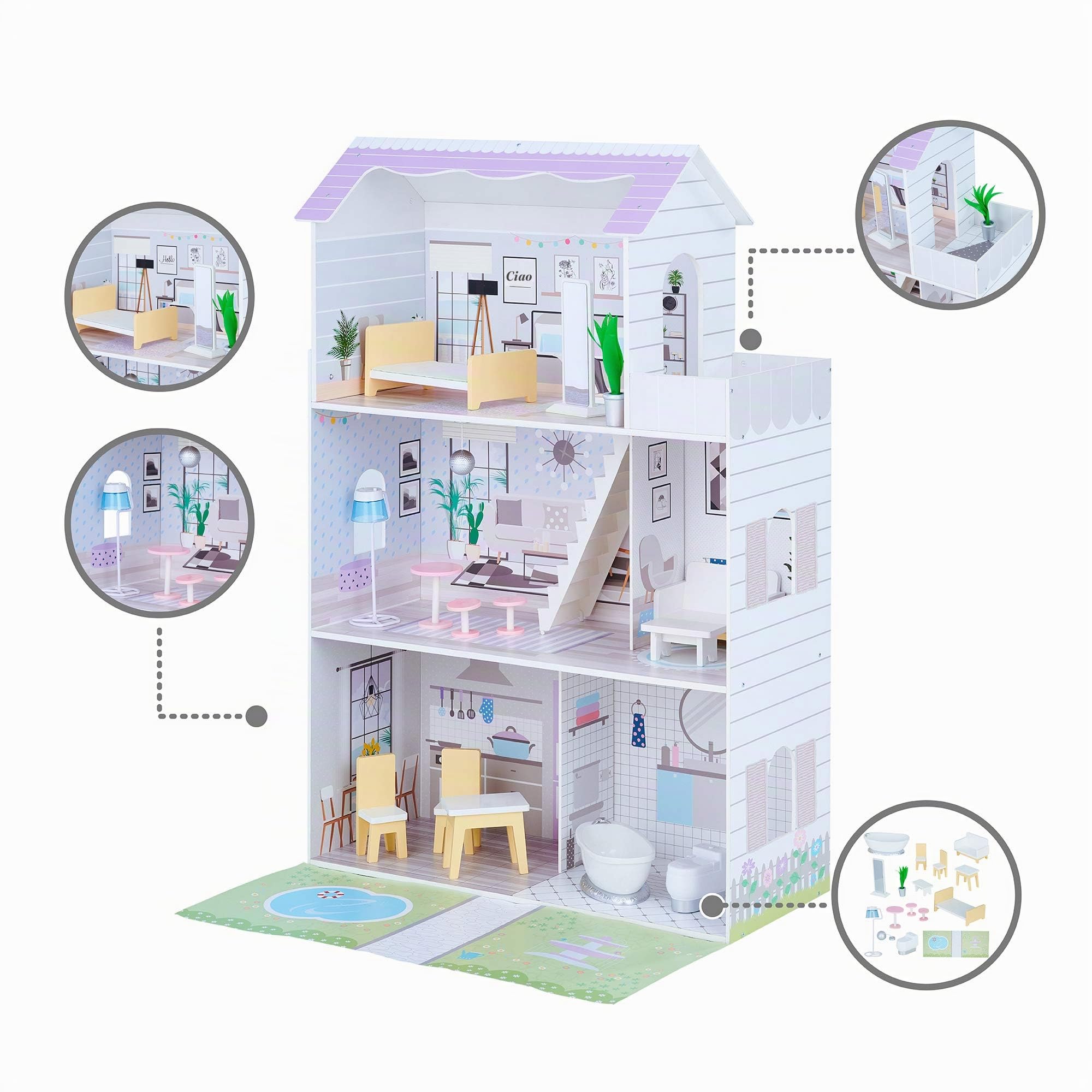 Teamson Kids Casa delle Bambole in Legno a 3 Piani per Bambole 30 cm