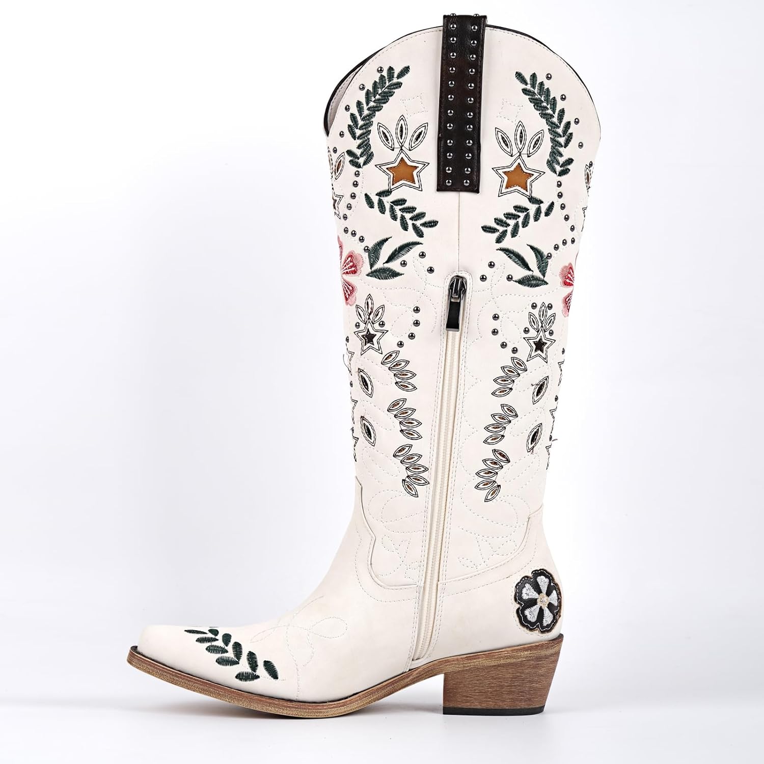 sexytag Women’s Floral Embroidered Western Boots Knee High Studded Cowgirl Boots Side Zipper Contrast Cowboy Style Shoes
