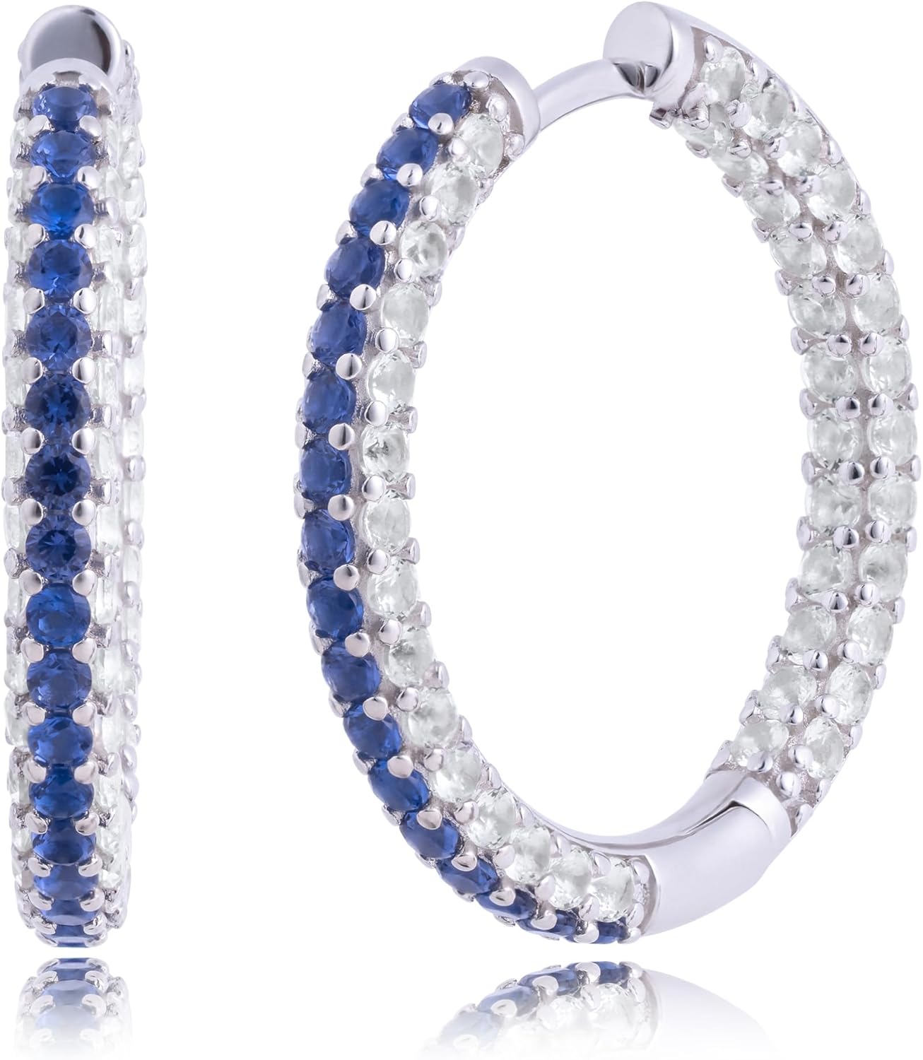 925 Sterling Silver Gemstone Hoop Earrings for Women with White Sapphires | Inside Out Hoop Earrings for Women | Hypoallergenic 25MM Sapphire Ruby or Emerald Birthstone Earrings by MAX + STONE