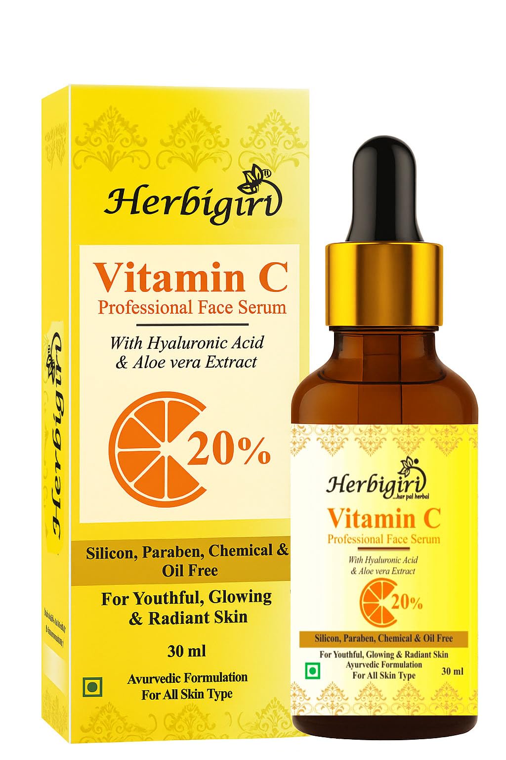 Herbigiri Herbal Vitamin C Facial Serum for Natural Glowing Beauty | Infused with Hyaluronic acid and Vitamin C | 30ml (Pack of 1)