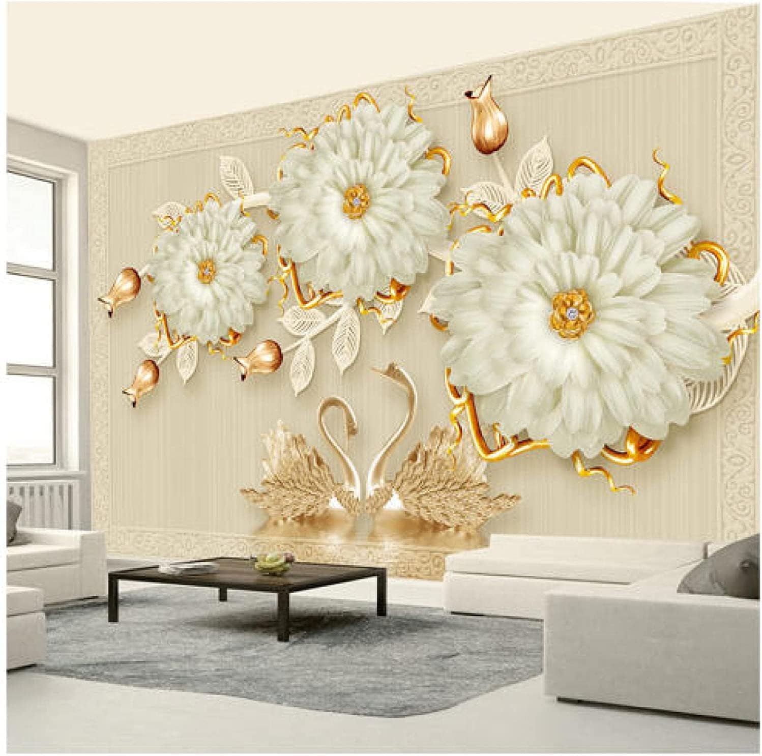 European Luxury Wall Mural, 3D Jewelry Floral Swan Mural Wallpaper Living Room TV Sofa Background Wall Peel and Stick Mural