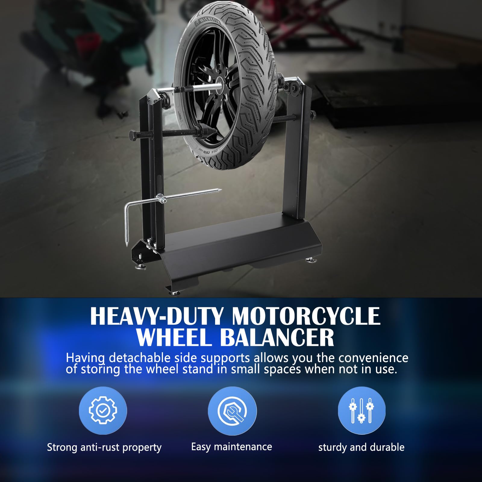 Equilibratore per Pneumatici Portatile per Moto e Bicicletta, Dispositivo di Equilibratura Statica con Base e Coni di Centraggio Regolabili