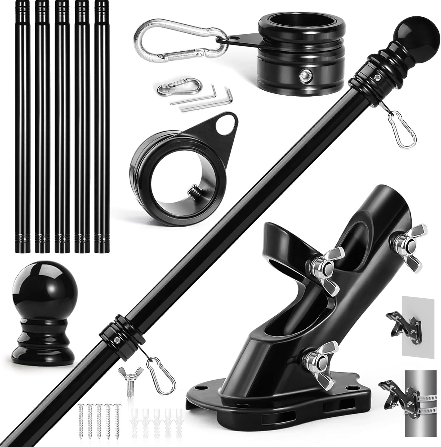Anovo Flag Pole Kit- Upgraded Holder, Stainless Steel 6 FT Flag Poles with1 Inch Metal 360° Rotating Flag Pole Rings Two-Position Flag Pole Bracket Mounting for Outside House Porch(6 FT - Black)