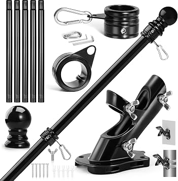 Anovo Flag Pole Kit- Upgraded Holder, Stainless Steel 6 FT Flag Poles with1 Inch Metal 360 Rotating Flag Pole Rings Two-Position Flag Pole Bracket Mounting for Outside House Porch6 FT - Black