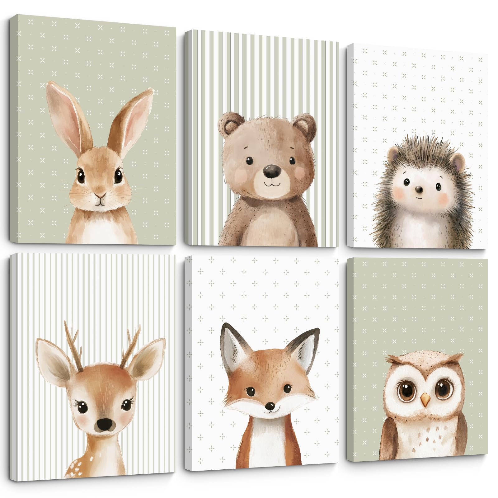 woodland animal nursery wall art baby kids canvas poster safari animal wall decor jungle forest prints bear fox deer pictures sage green painting neutral artwork for bedroom 12x16x6 inch ready to hang