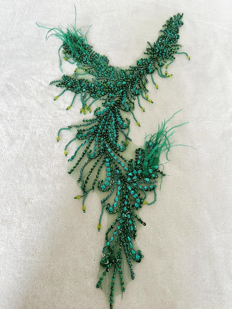 Pure Handmade Rhinestones Beads Applique sew on Crystal Sequins lace Trim Patches Ostrich Feather Accessories for Dress Clothing Shiny Bead Decorative Material 15X9X30inches (Deepgreen)