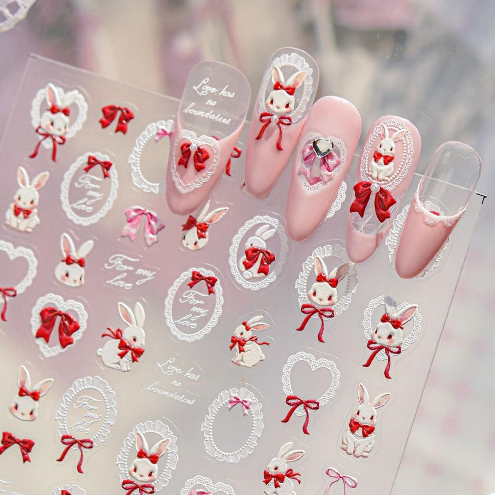 Cute Rabbit Nail Stickers Heart Nail Art Stickers Lace Frame Heart Design 5D Embossed Self Adhesive Nails Decals with Love Lettering for Women Manicure Decoration (1 Sheet)