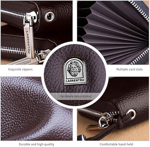 Miniatura 6 de LAORENTOU - Cartera de piel auténtica para hombre con bloqueo de RFID tarjetero monedero monedero de cuero para hombre con cremallera y bolsillo
