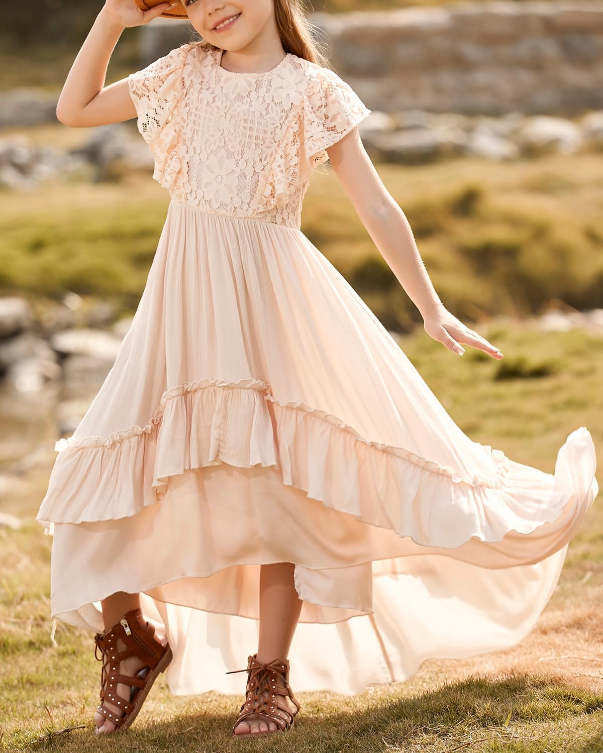 BIBIHOU Girls Lace Dress Boho Backless A Line High Low Hem Party Flower Girl Dress 6-14 Years - Image 5