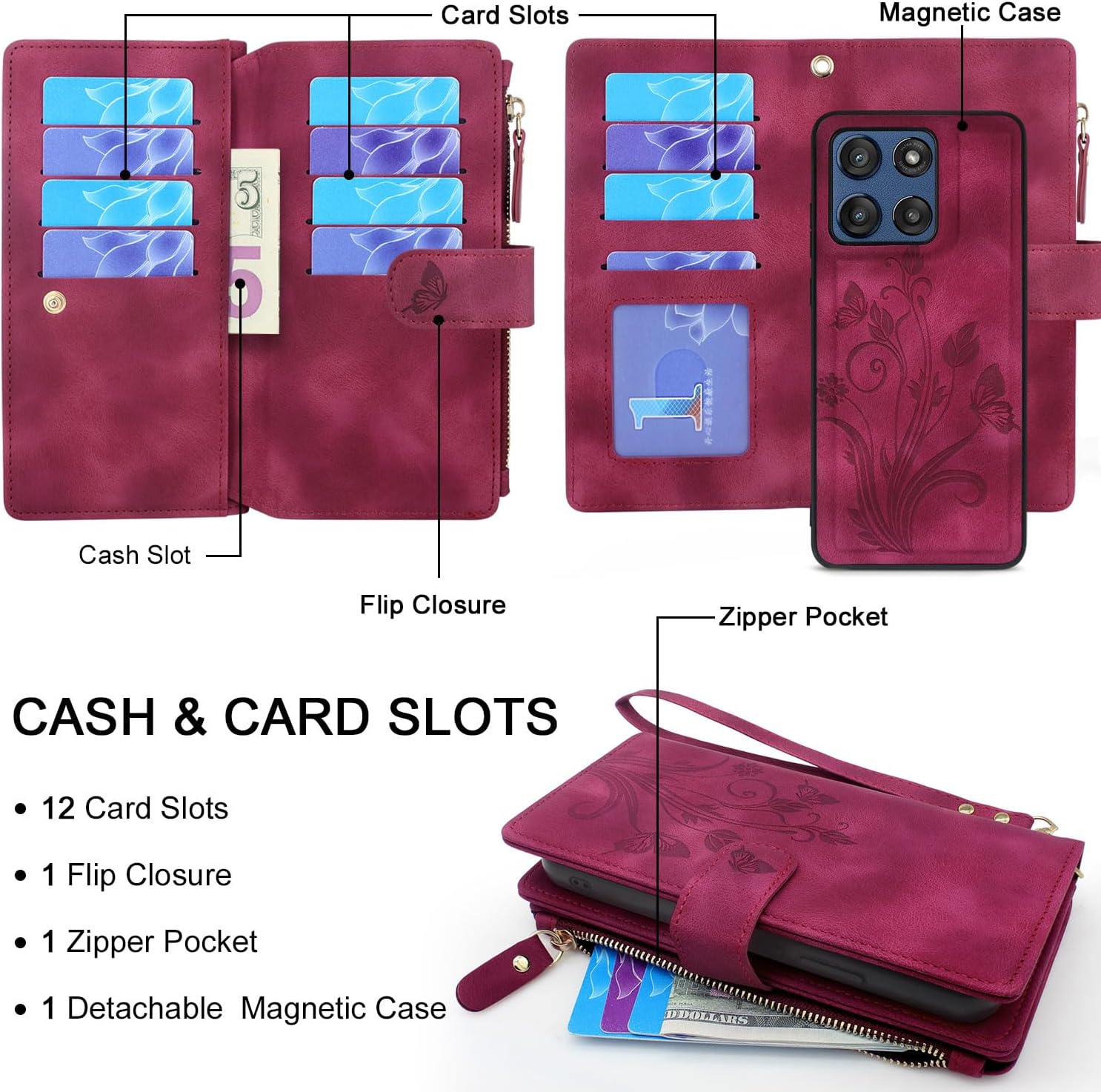 Lacass Case Wallet for Motorola Moto G Stylus 5G 2025, [12 Card Slots] ID Credit Cash Holder Zipper Pocket Detachable Leather Wallet Cover with Wrist Strap Lanyard（Floral Wine Red）