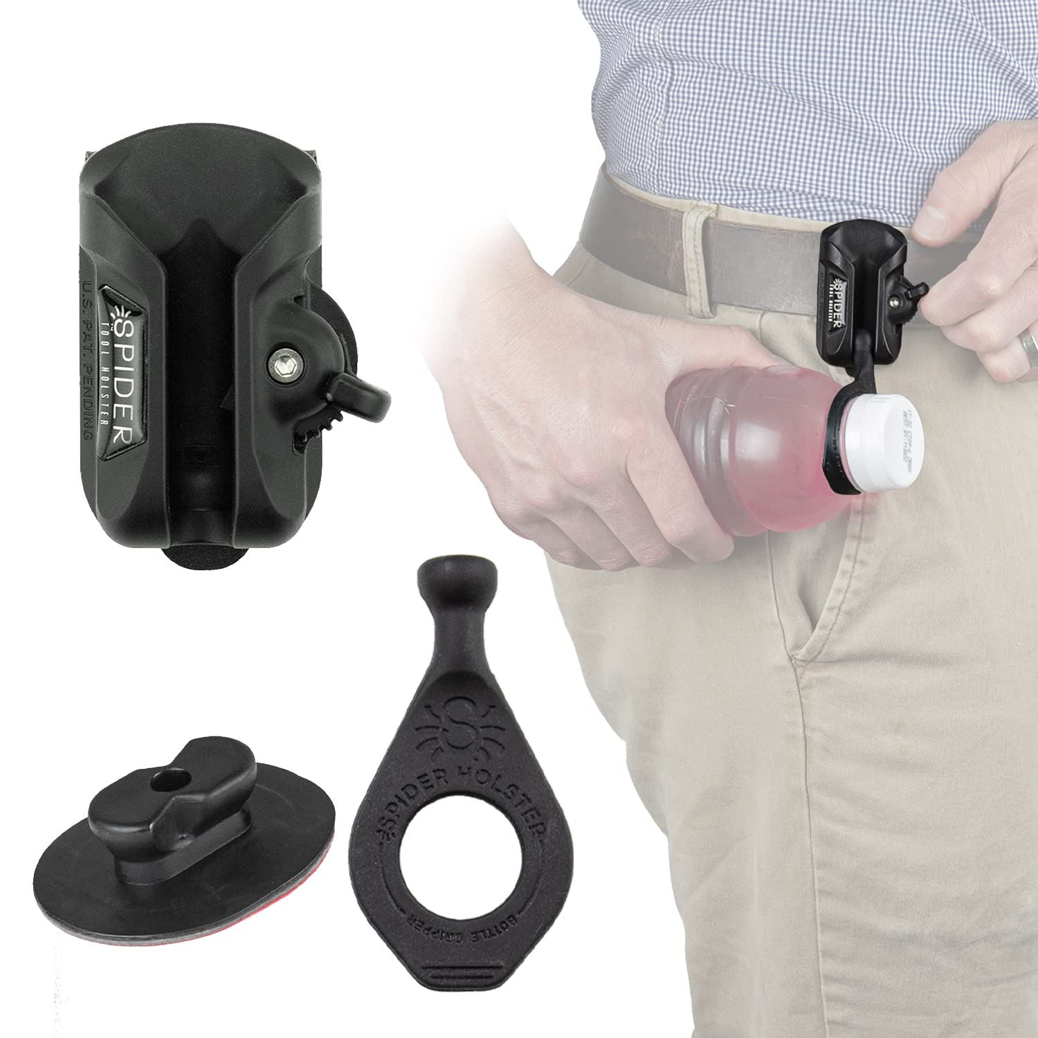 Spider Tool Holster - Bottle Holster Kit - (1) Self Locking, Quick Draw Belt Holster Clip + (1) Stretchable Water Bottle Gripper + (1) Peel and Stick