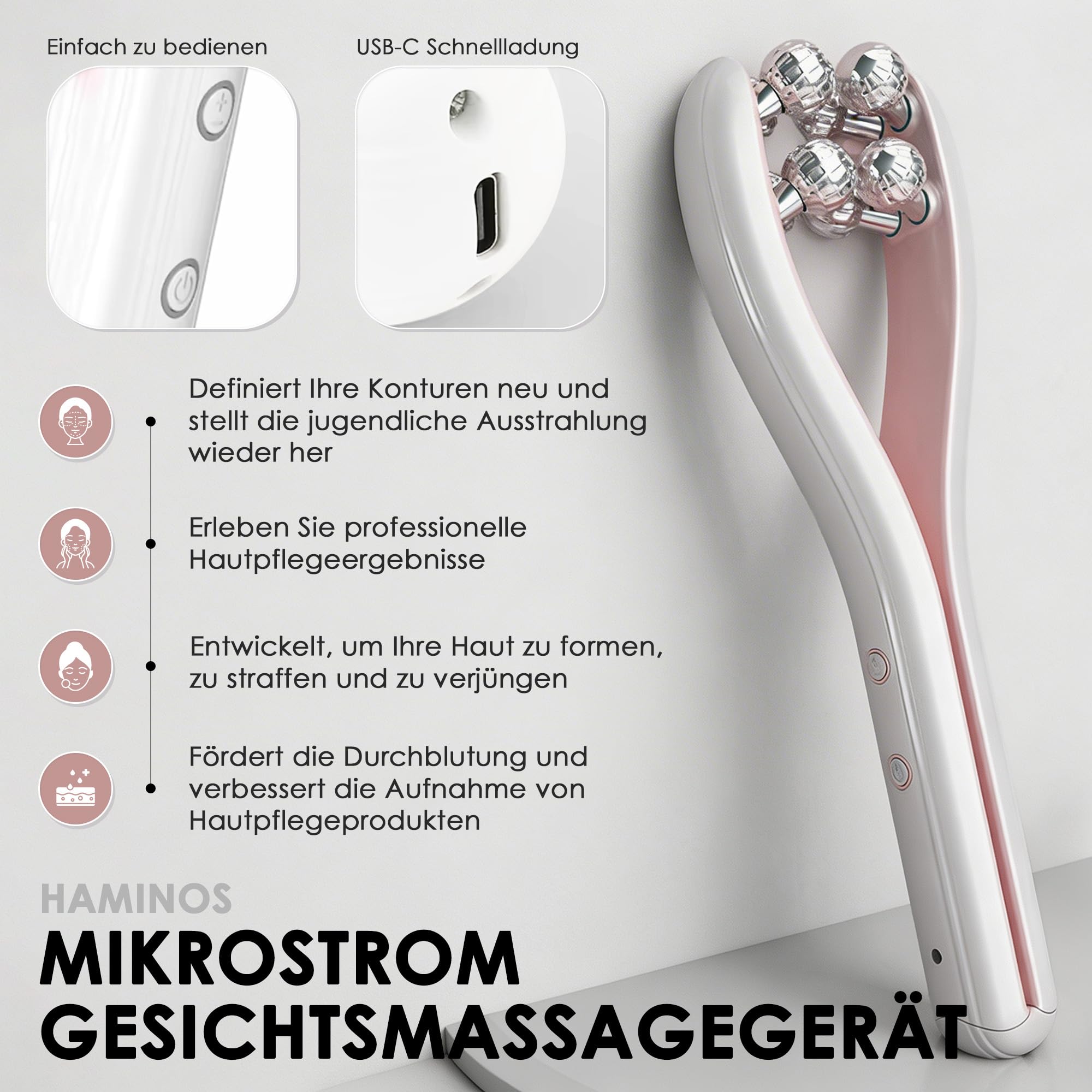 Mikrostrom Gesichtsmassagegerät mit 3D Roller - Gesichts- & Körperformwerkzeug für Kiefer, Nacken, Arme und Beine, 3 Intensitätsstufen, wiederaufladbar (Verwendung mit leitfähigem Gel)