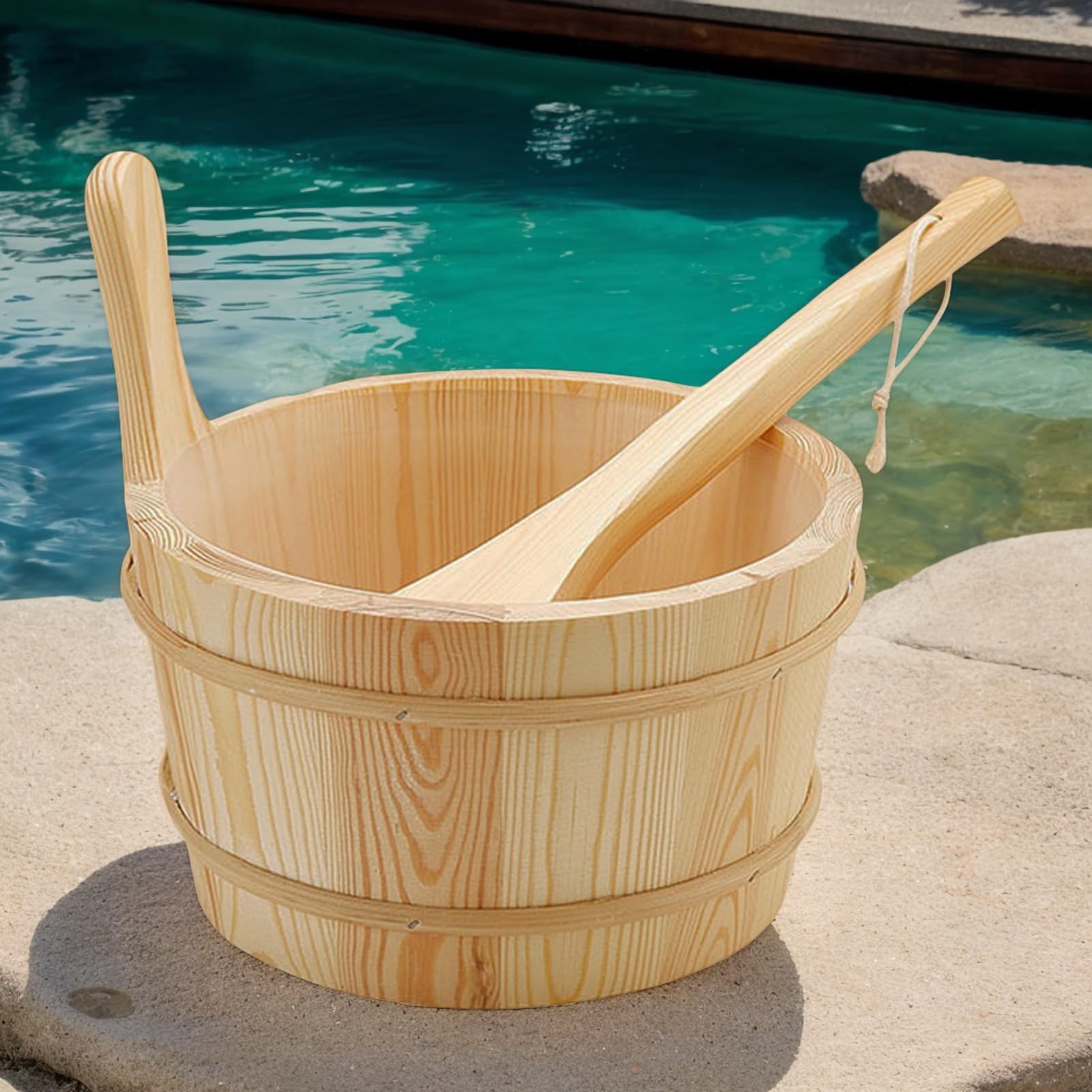 Sauna-Eimer und Schöpflöffel-Set, 4 l, Sauna-Set, Holz-Sauna-Wasserschaufel, auslaufsicher, Duschzubehör, Bad-Werkzeuge für Hinterhof, Outdoor, Badezimmer, Dampfbaden, Garten, Wohnung, Hotel, Haus