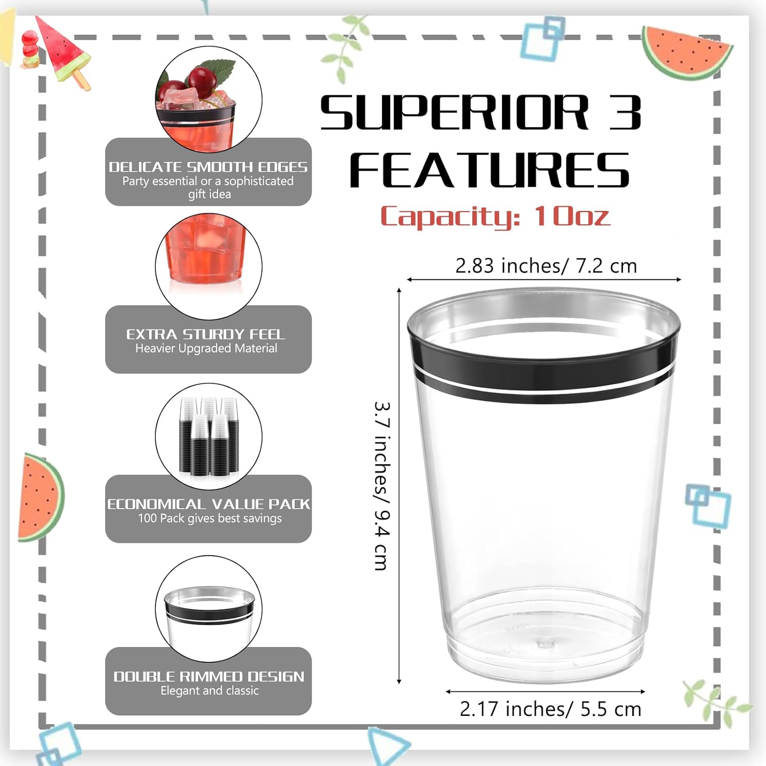 Zubebe 100 Pcs 10 oz Black Plastic Cups for Party Disposable Clear Champagne Glasses Tumblers Double Rimmed Drinking Cups Christmas Halloween Mardi Gras Birthday Wedding Graduation Wine Coffee
