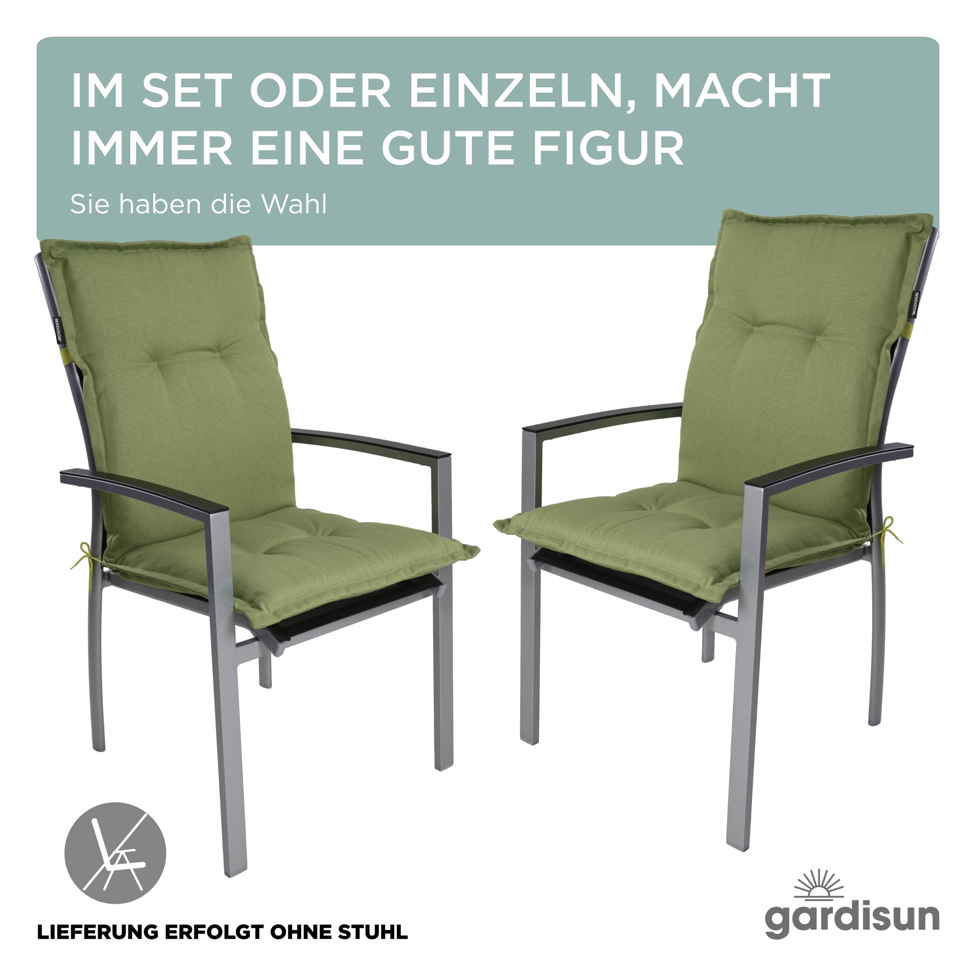 Gartenstuhlauflagen Niedriglehner, 4er Set, Grün | Extra Dicke Sitzauflagen, Made in EU, Stuhlauflagen für Niederlehner Gartenstuhl, Auflagen mit extra hoher Lichtechtheit