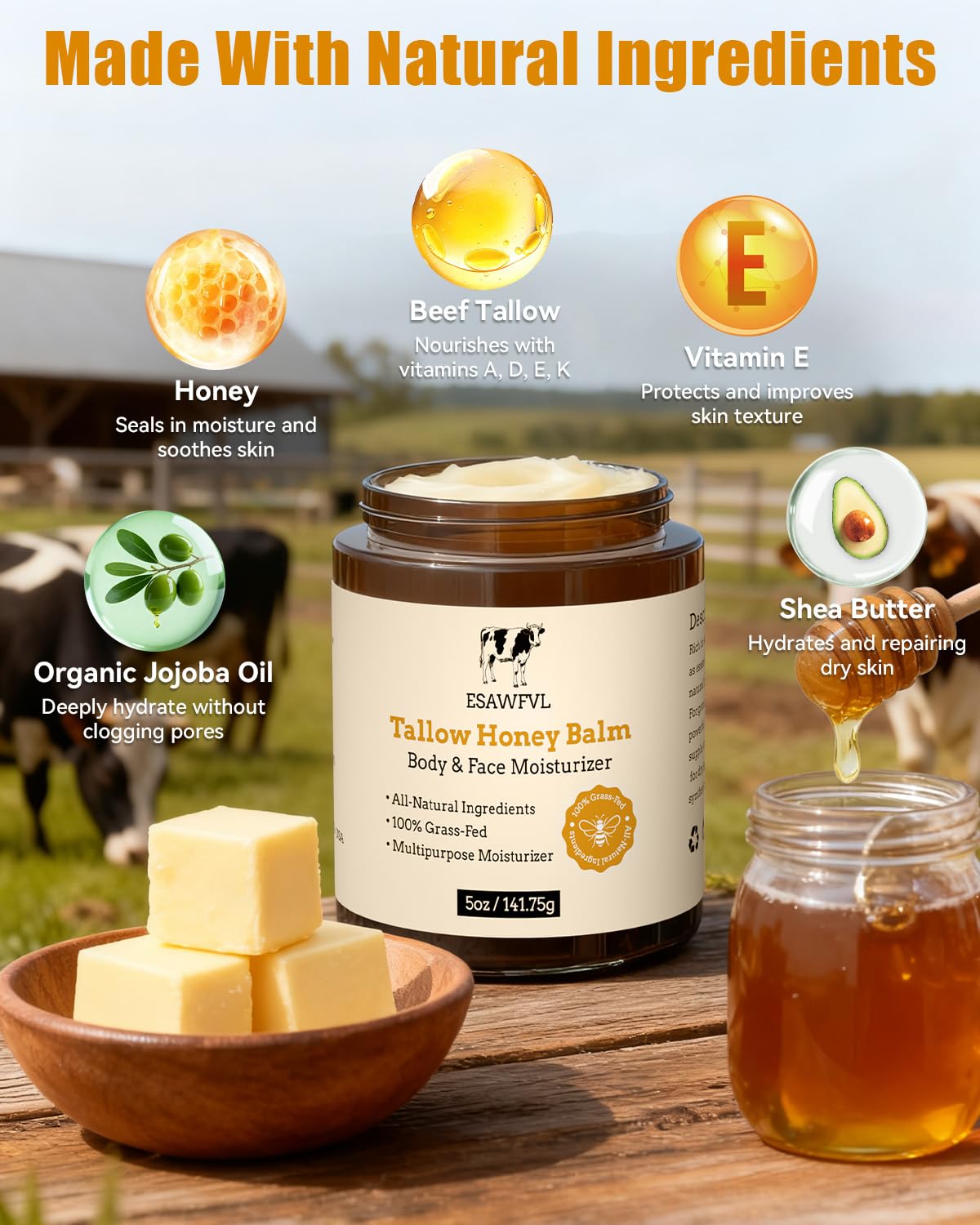 Beef Tallow for Skin, Whipped Tallow and Honey Balm for Body and Face, Natural Formula Grass Fed Tallow Face Moisturizer for All Skin Types - 5oz - Image 3