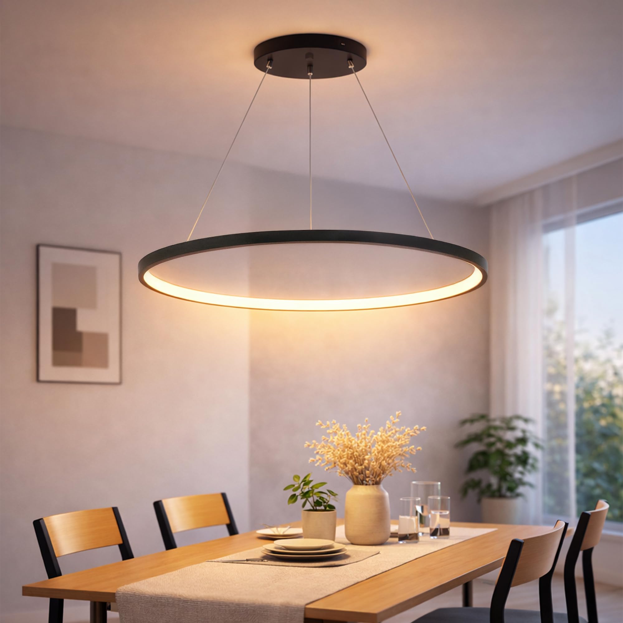 LED Pendelleuchte Esstisch Hängelampe Ring 22W Schwarz 60cm | Hängeleuchte Mit 3 Farbtemperaturen Modern Aluminium Kronleuchter Hängend 160cm Höhenverstellbar Für Esstischlampe Küchen