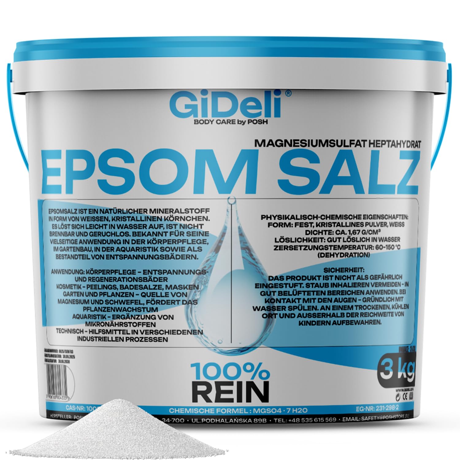 GiDeli Epsom salz 3 kg im Eimer - Bittersalz für Entspannendes Fußbad und Körperpeeling – Regenerierendes Badesalz für die Muskeln – Magnesiumhaltig auch für die Gartenpflege Geeignet