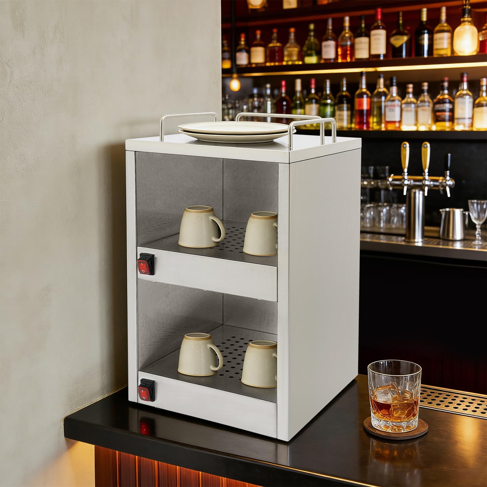 Armadio riscaldante per tazze, con 2 scomparti riscaldanti indipendenti, scalda tazze da caffè elettrico, per gastronomia, caffetteria, casa, 32,5 x 32 x 55 cm