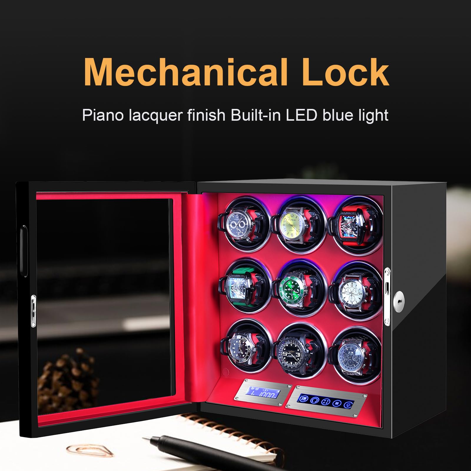 SNEOLTJN Watch Winder for 9 Slots Automatic Watches,Ultra-Quiet Japanese Motors, Built-in LED Illumination and LCD Touchscreen Control