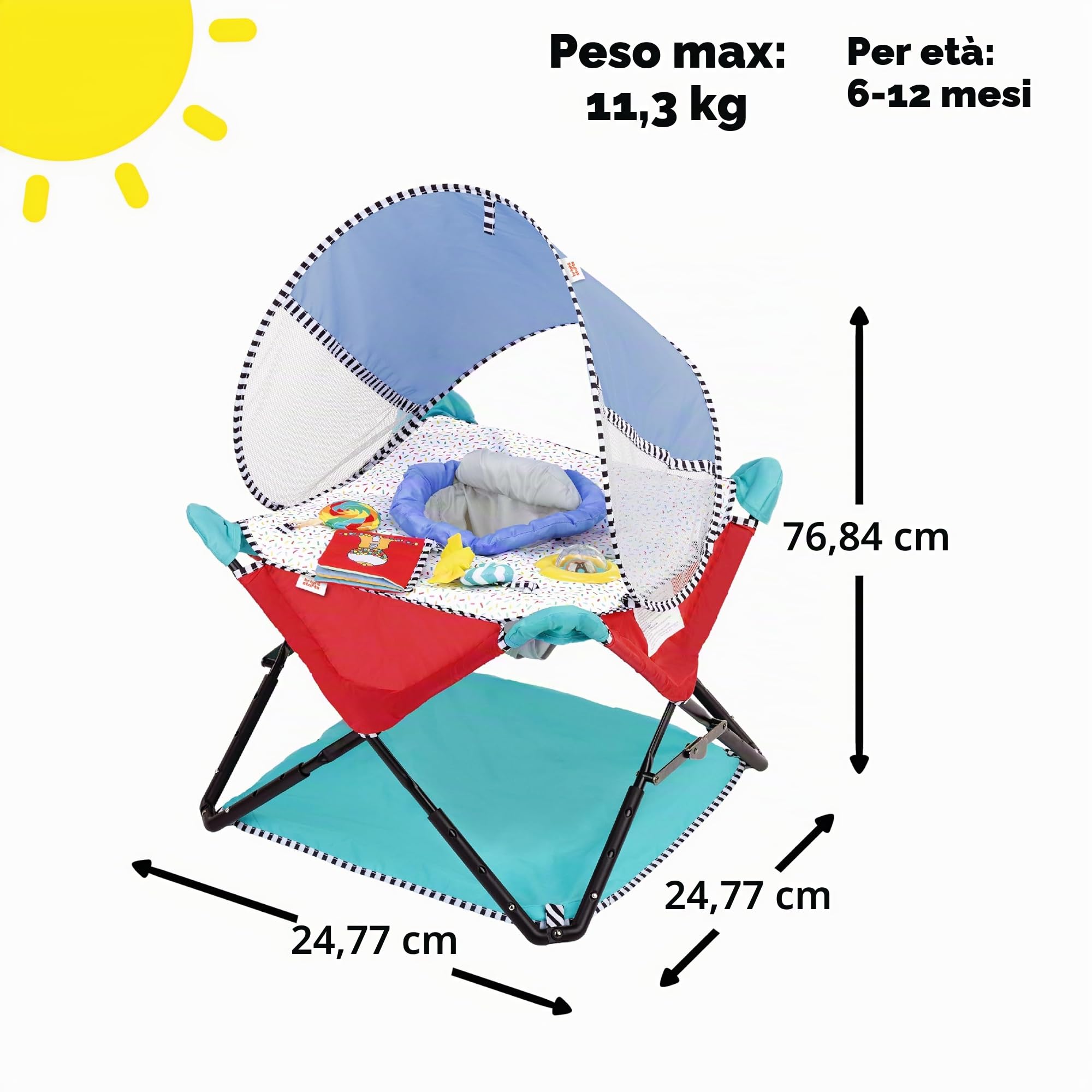 Bright Starts, Jumper Multiattività Portatile Pop 'N Jump, 4 Giocattoli Sensoriali a Tema Dessert, Uso Interno/Esterno, Unisex, 6-12 Mesi