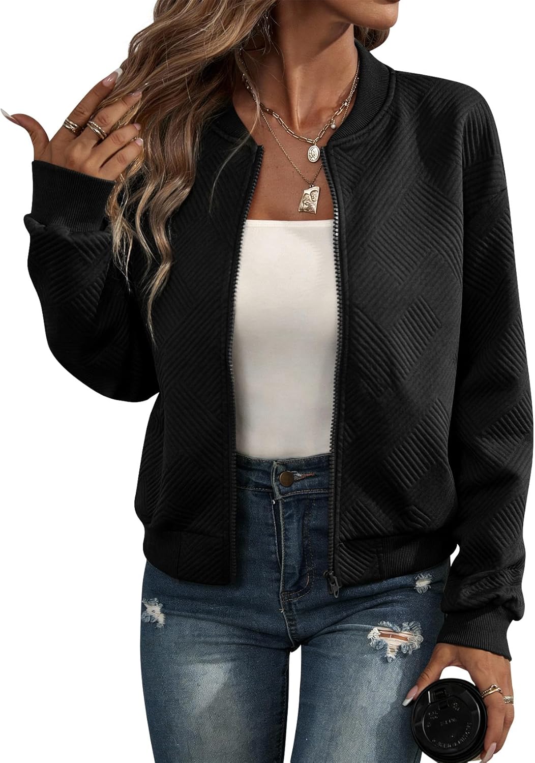 Kissonic Womens Zip Up Bomber Jacket Lightweight Casual Textured Long Sleeve Bomber Coat Spring Fashion Outfits