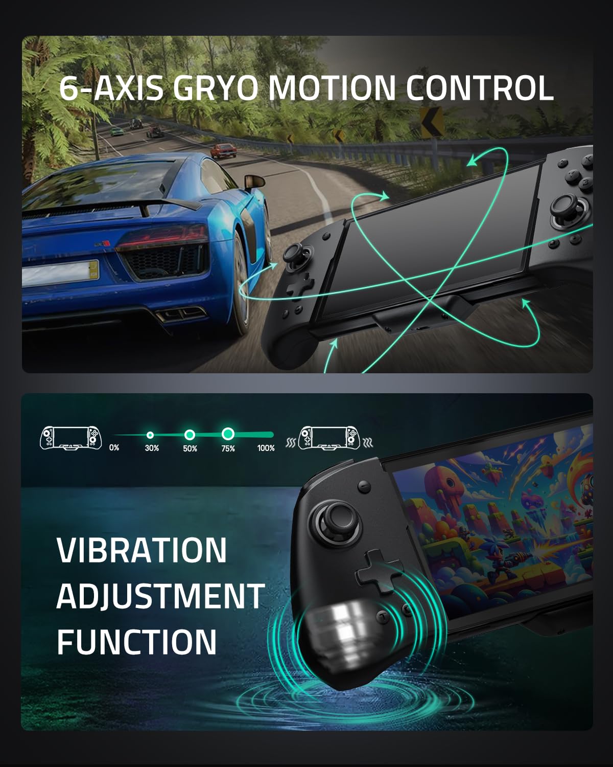 FUNLAB Switch Handheld Controller Hall Effect Compatible with Nintendo/OLED, Luminous Switch Joypad Controller Customizable, Ergonomic Switch One-Piece Joypad Controllers Replacement - 7 LED Colors/Turbo/Mapping