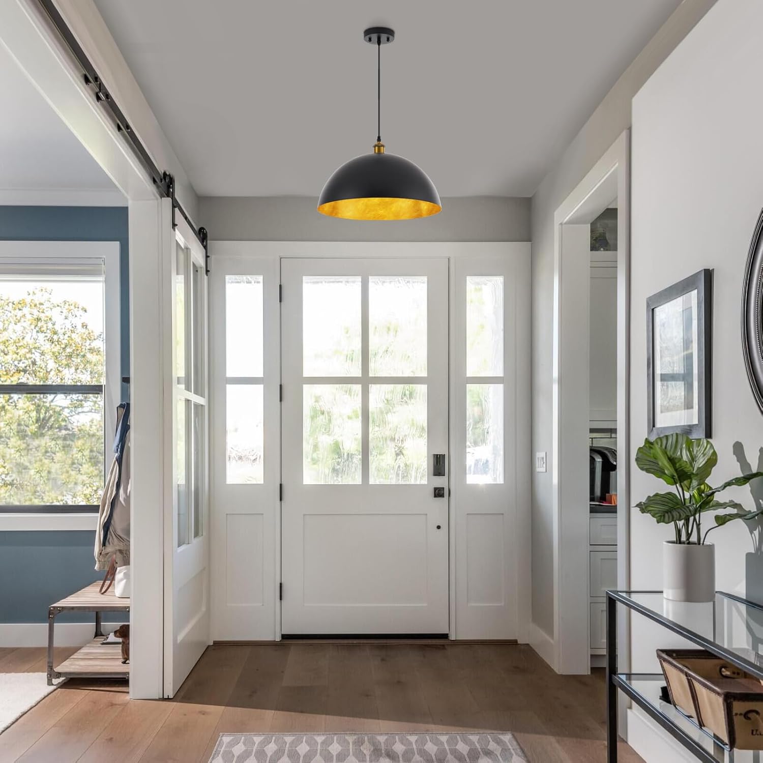 18” Large Industrial Pendant Light with Gold Leaf Shade Adjustable Dome Pendant Lighting Fixtures Modern Chandelier for Dining Room Kitchen Island Living Room, Matte Black, UL Listed