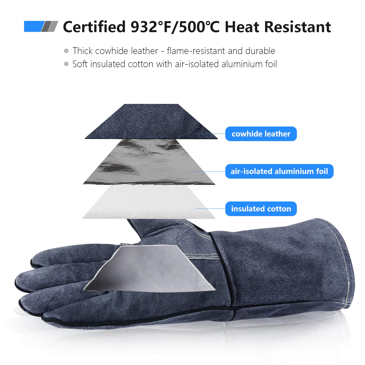 OZERO Gants Cheminée et Barbecue Anti Chaleur | Cuir de Vachette, Manchette Longue pour Poêle à Bois, Four, Soudure et Insert, Gris