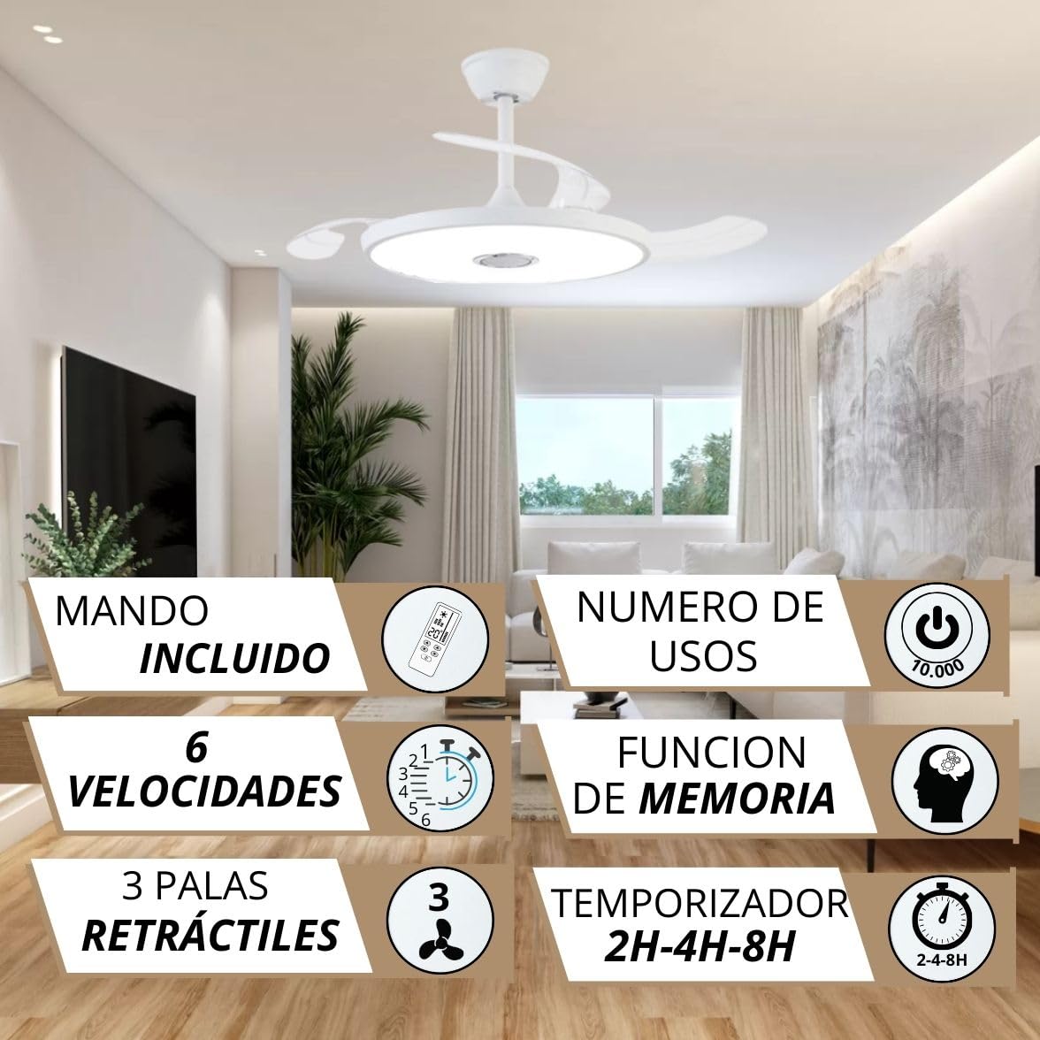 NARVI - Ventilador de Techo NANTES Ø 50 cm | Control Remoto | 3 Palas Transparentes | Iluminación LED Ajustable 45W | Motor DC Eficiente | Función Invierno/Verano | Blanco — view 3