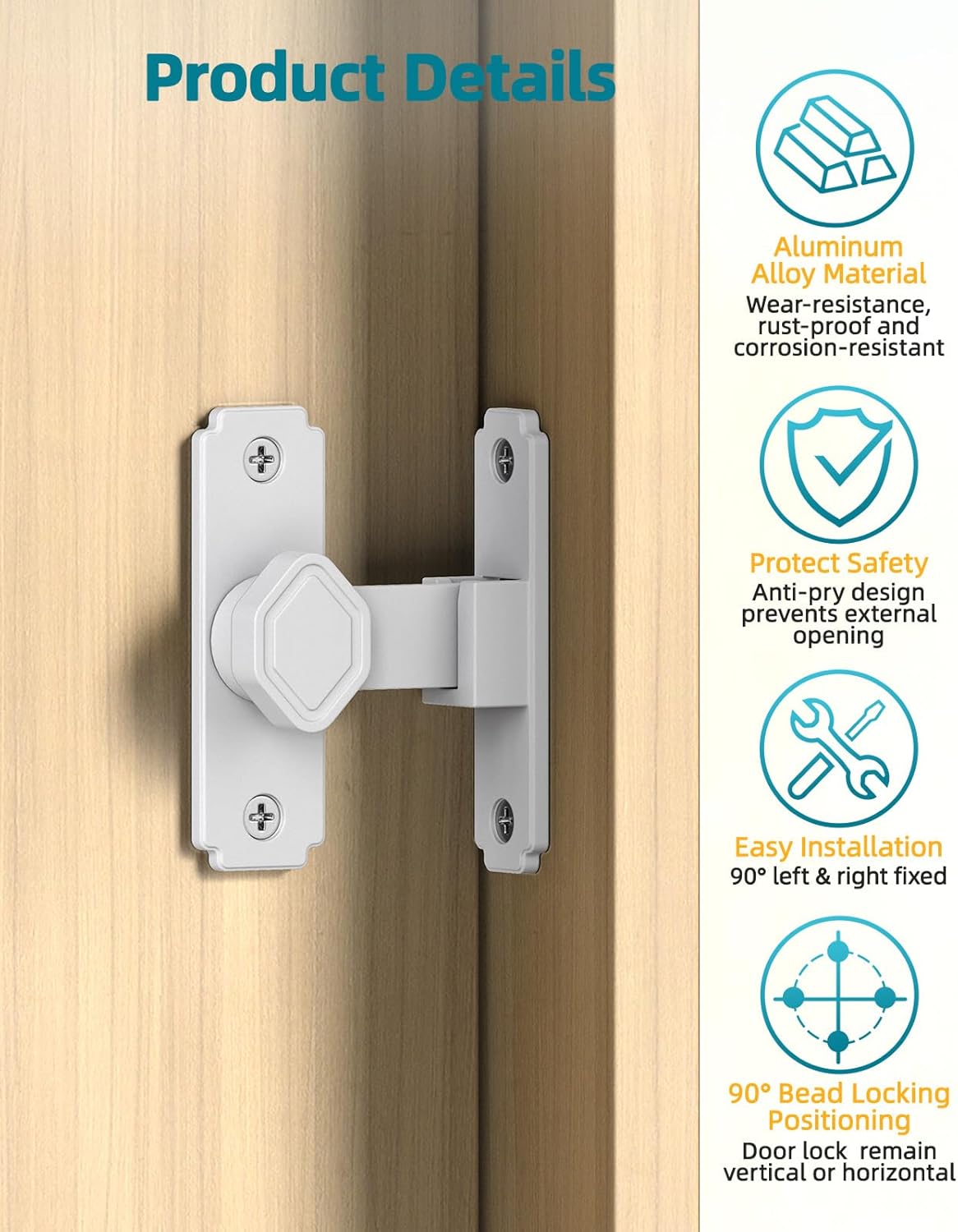 90 Degree Barn Door Lock, Small Sliding Barn Door Latches, Rust-Proof Sliding Gate Latch Lock for Garden, Bathroom, Cabinet, Pet Cage, Window, Shed (White-4PCS)