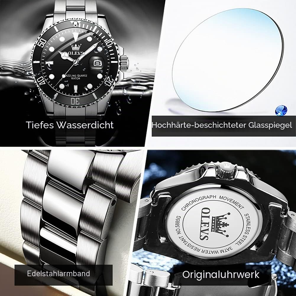 Herrenuhr aus Edelstahl, 41-mm-Zifferblatt, analoges Quarzwerk | Herren Armbanduhr mit Kalender, leuchtenden Zeigern, 3 ATM wasserdicht, eleganter Stil in Blau, Grün und Schwarz