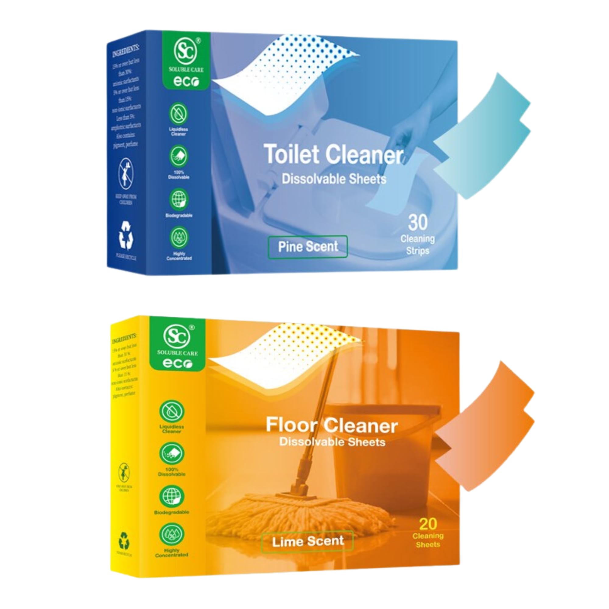 Eco-Friendly 20 Floor Cleaning Sheets and 30 Toilet Cleaning Sheets, Total of 50 Sheets Bundle Pack - Effortless Maintenance for Sparkling Floors and Fresh Bathrooms, by Soluble Care