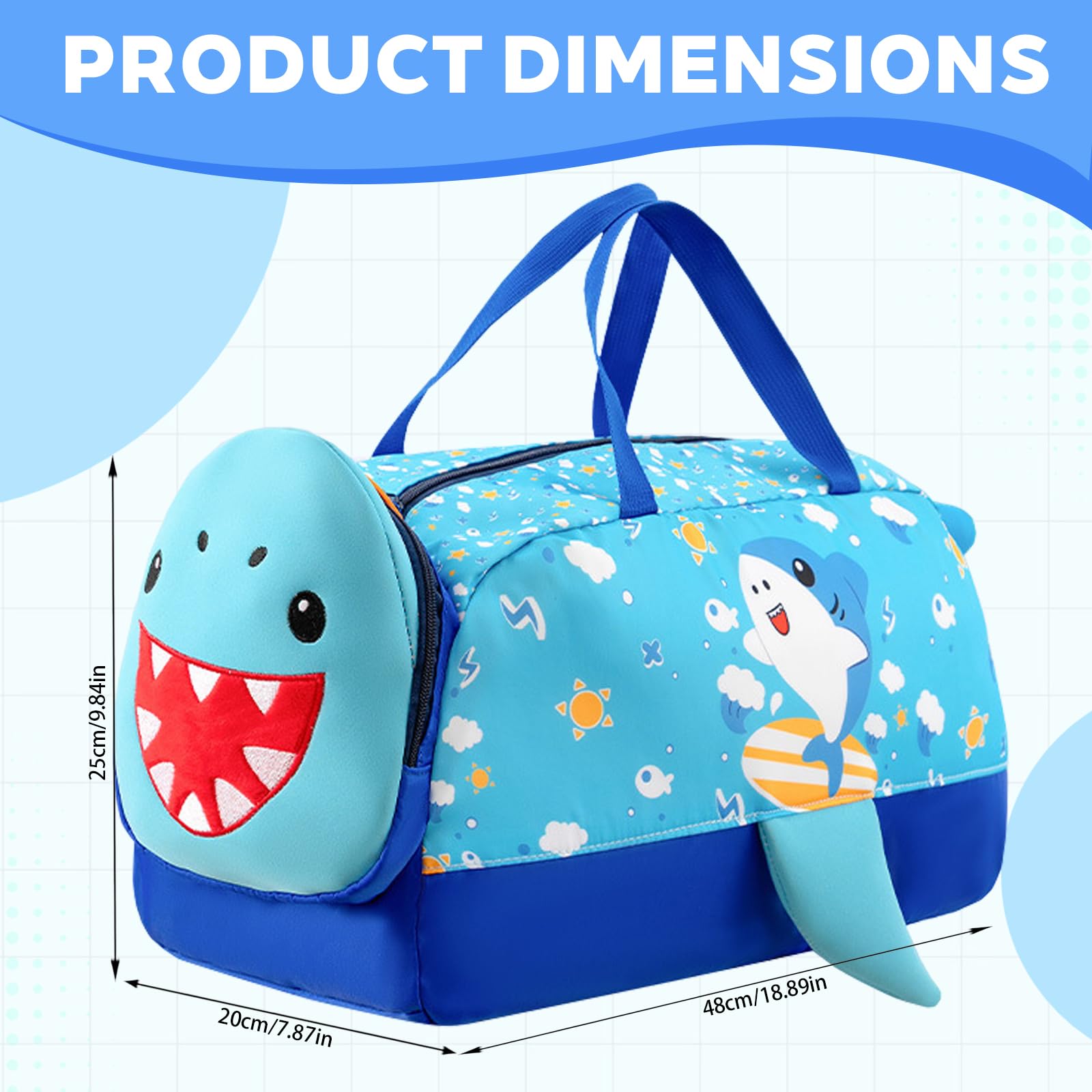 Children's Sports Bag, 21L Waterproof Travel Bag, Lightweight Durable Travel Bag, Children's Weekend Bag for Fitness, Dance, Swimming, Travelling, Shark - 2