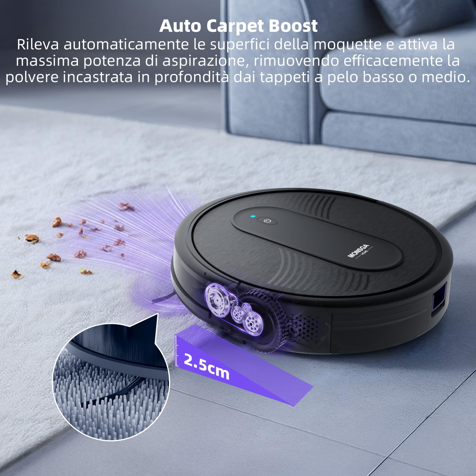 MONSGA Robot Aspirapolvere Lavapavimenti 3-in-1 4000Pa, Autonomia 140min, Anti-groviglio, Ricarica Automatica, Controllo App/Telecomando/Alexa, Silenzioso, Per Peli Animali, Pavimenti e Tappeti