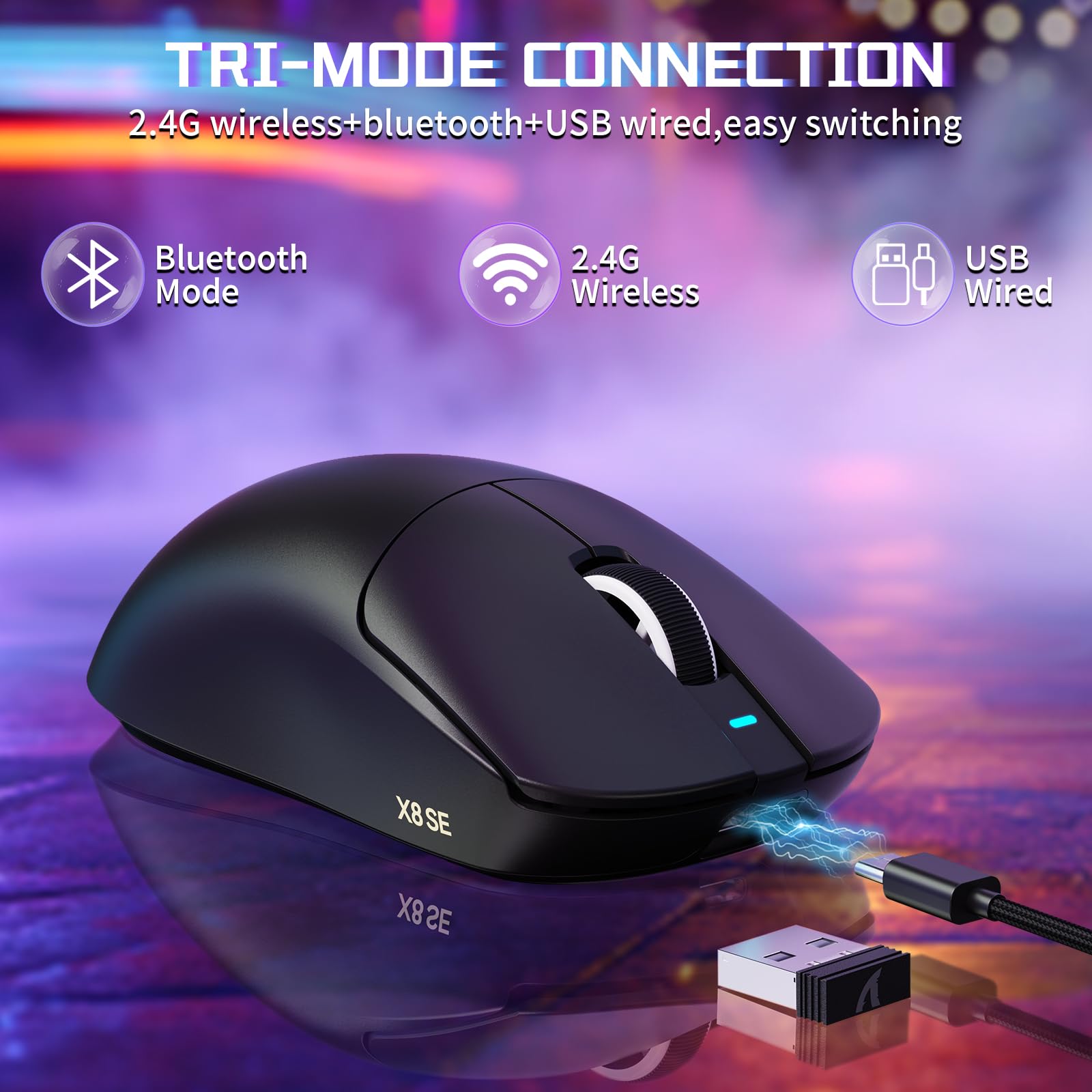 MAMBASNAKE X ATTACK SHARK X8SE 55g Mouse da gioco wireless ultraleggero-Fino a 25000DPI,sensore PAW3311,Tri-mode BT/2.4G/USB-C,80 milioni di clic,accelerazione 40G,500mAh,driver web,per Win/Mac-Nero