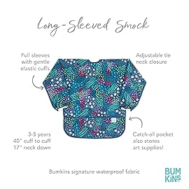 Bumkins Sleeved Smock, Toddler Reusable Waterproof Bib for Girls and Boys Ages 3-5 Years, Long Sleeve Childrens, Kids Paint Apron, Arts, Crafts and Play with Pocket, Soft Fabric, Jungle Blue