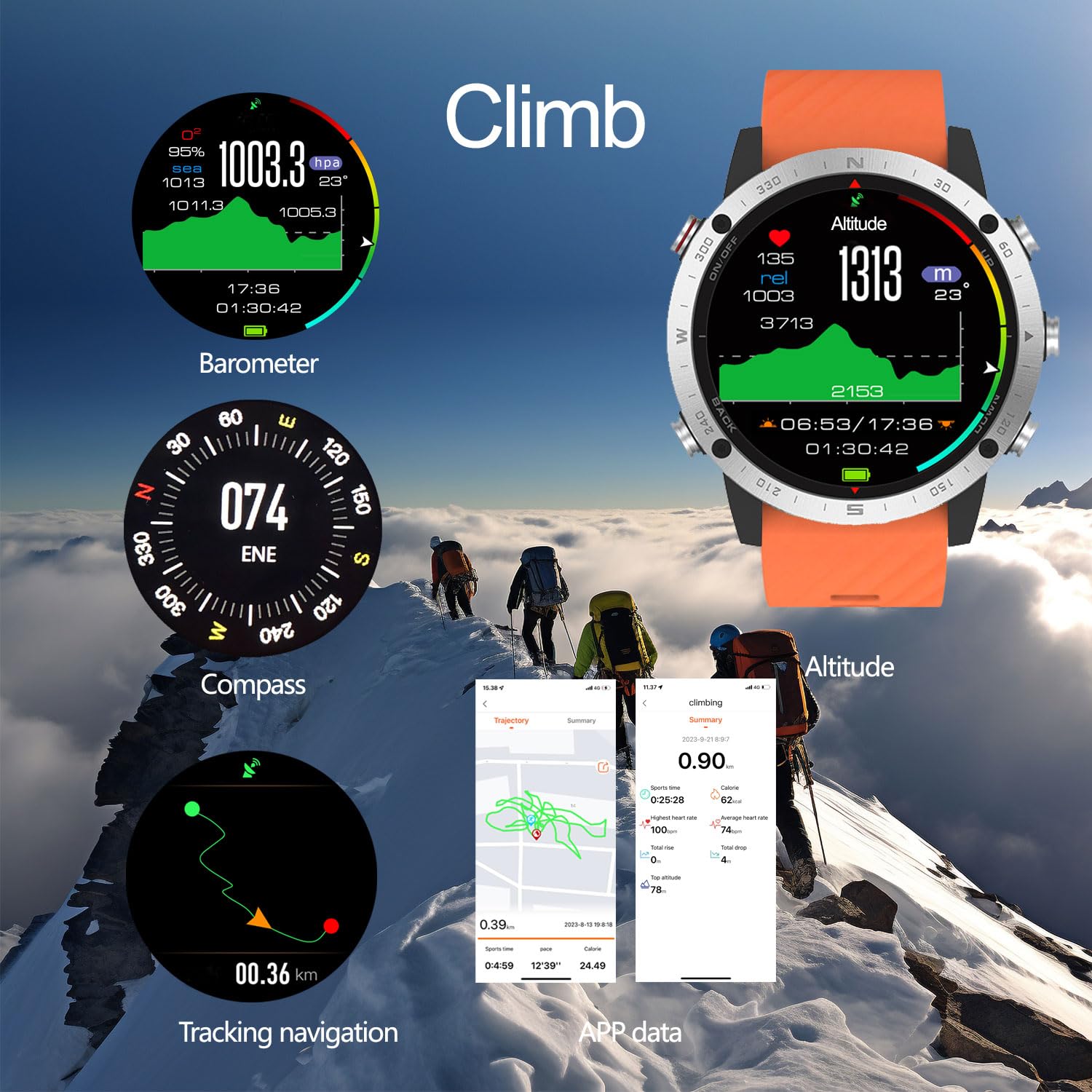 SUNROAD Reloj deportivo GPS con navegación, rastreador de fitness, correr, natación, ciclismo, altímetro, barómetro, brújula, esnórquel, buceo, pesca, reloj de pulsera digital de moda