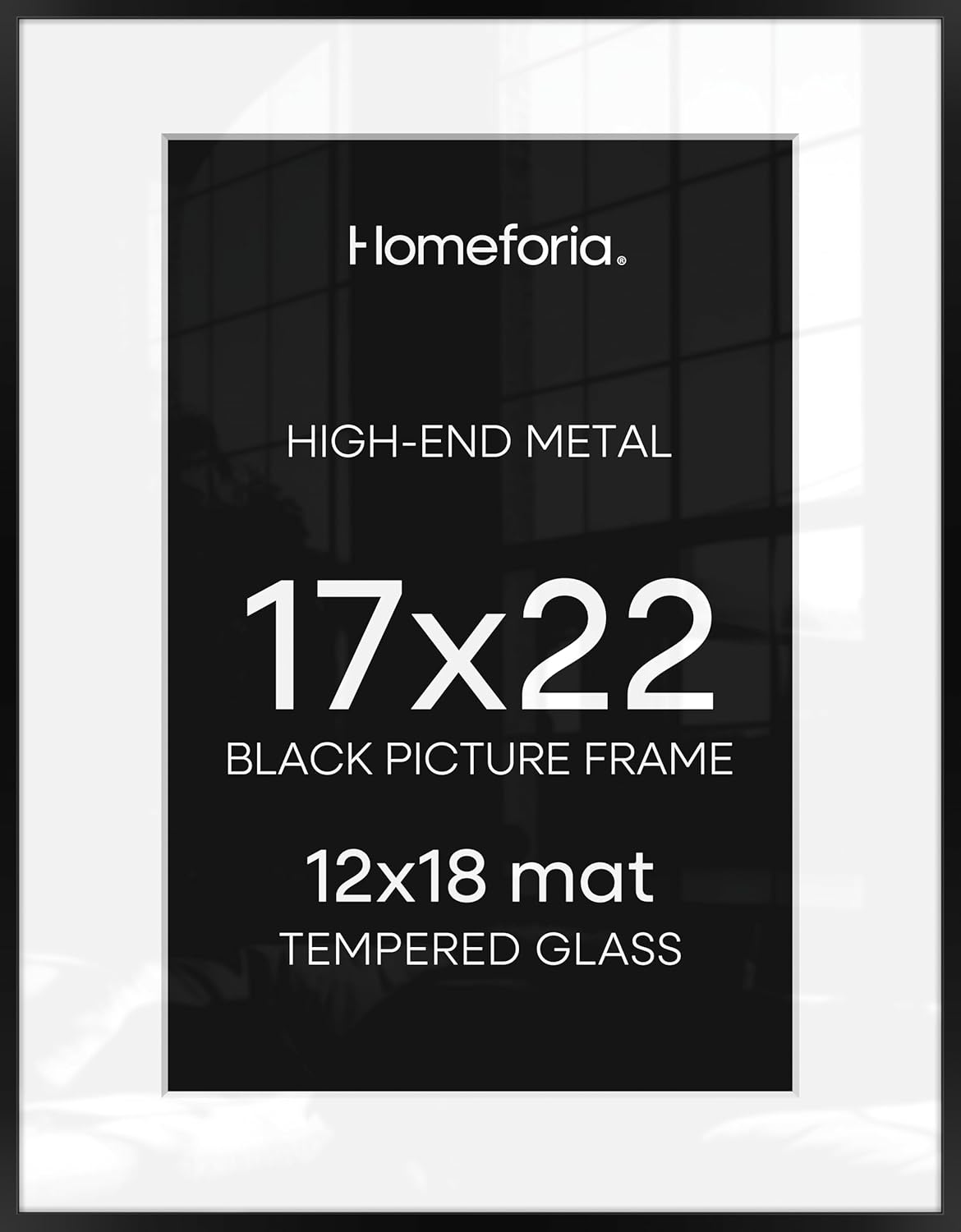 Homeforia 17x22 Picture Frame Black, High End Metal 17x22 Poster Frames with Mat 12x18 for Photo, 17 x 22 Black Frame Matted to 12 x 18 inch Print, 22x17 Thin Frame, Tempered Glass, Wall Kit, Set of 1