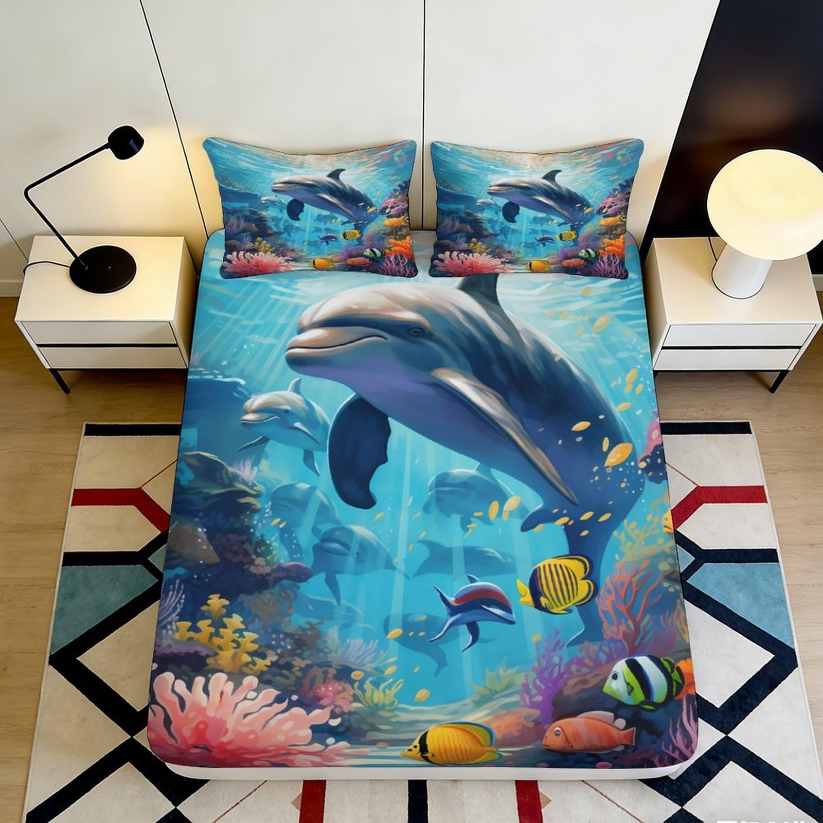 3D Printed Ocean Dolphin Fitted Sheet Microfiber Blue Underwater Coral Mattress Cover for Bedroom Guest Room Decor 90x200x25cm