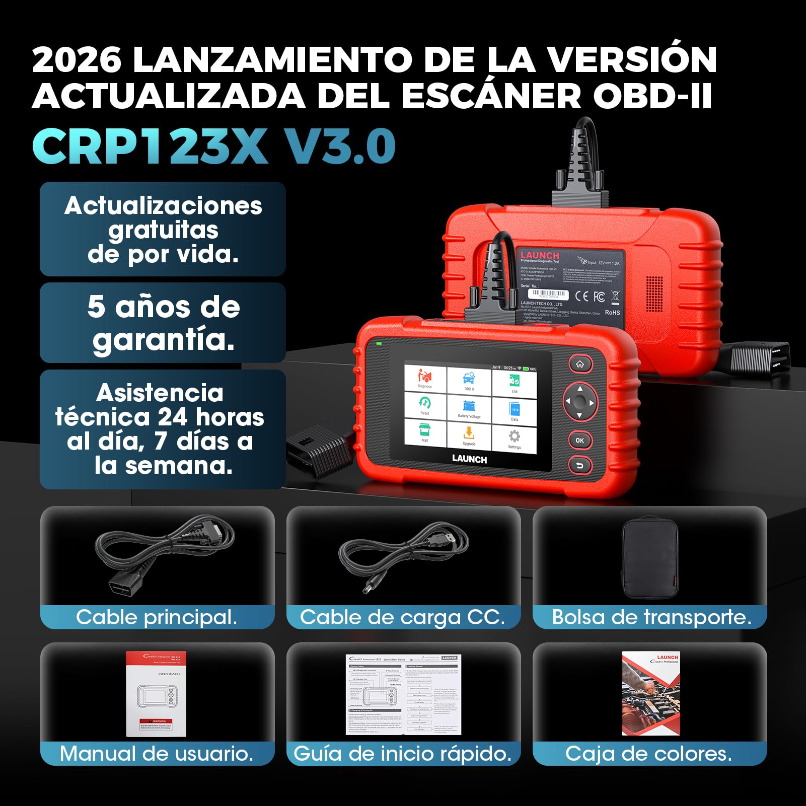 LAUNCH CRP123X V3.0 - OBD2 Diagnosis Coche Multimarca Profesional - Escáner 4 Sistemas, Reset EPB/DPF/Aceite, SAS/BMS/TPMS, Test de Batería, Lectura Vin con ACTUALIZACIONES Gratis DE por Vida