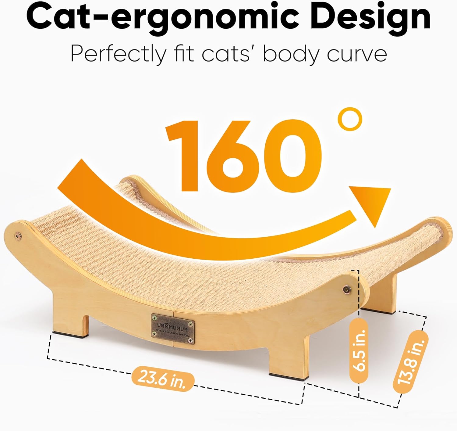 FUKUMARU Cat Scratcher Bed Sisal, 23.6 Inch Durable Scratching Bed for Indoor Cats, Large Cat Scratch Pad, Natural Sisal Hammock, Solid Wood Frame Lounger Chair for Sleep & Scratch (Wood)