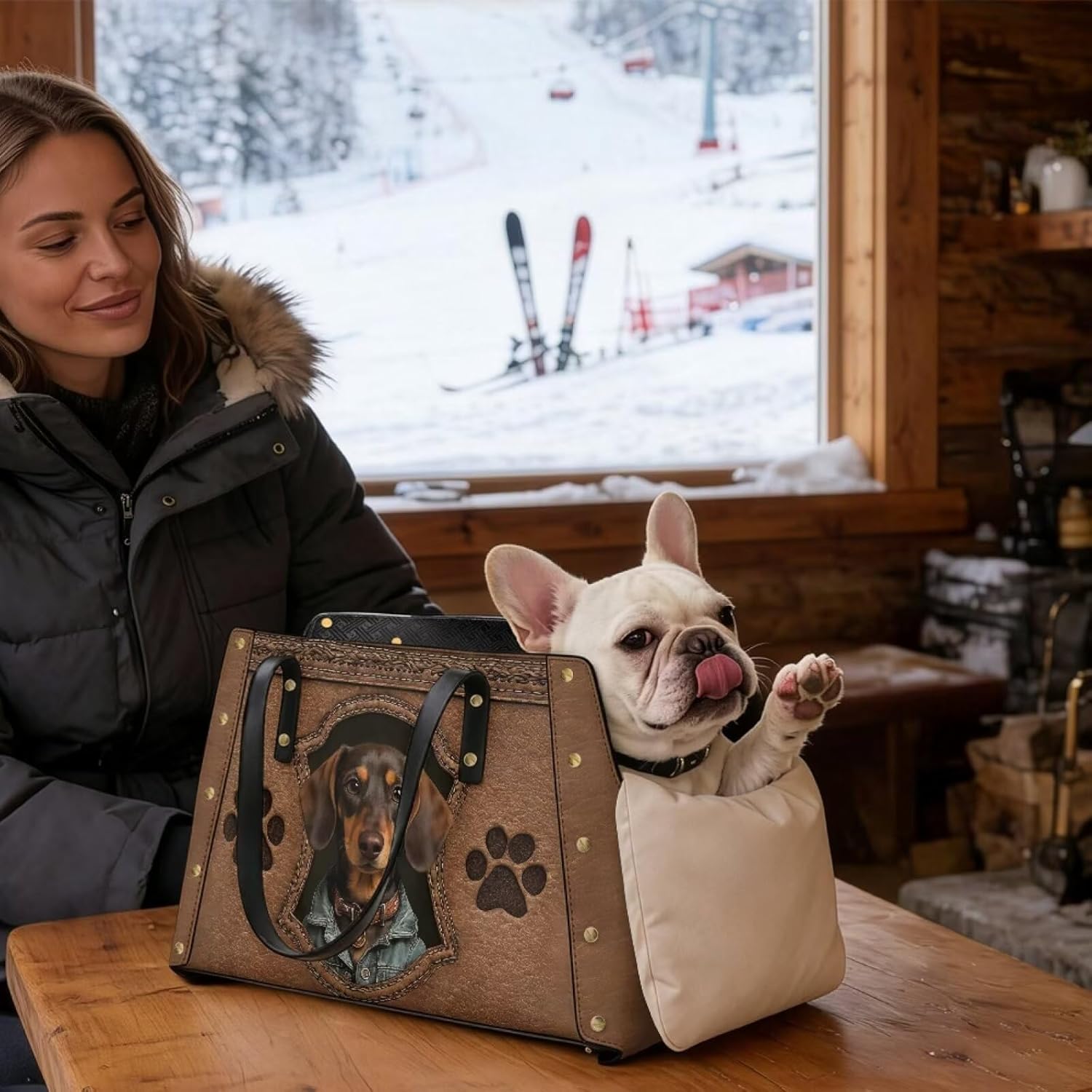 Paw Dachshund Print Dog Purse Carrier Waterproof Leather Pet Carrier Purse Portable Dog Bag Carrier Tote Purse Cute Pet Travel Shoulder Bag with Cushion