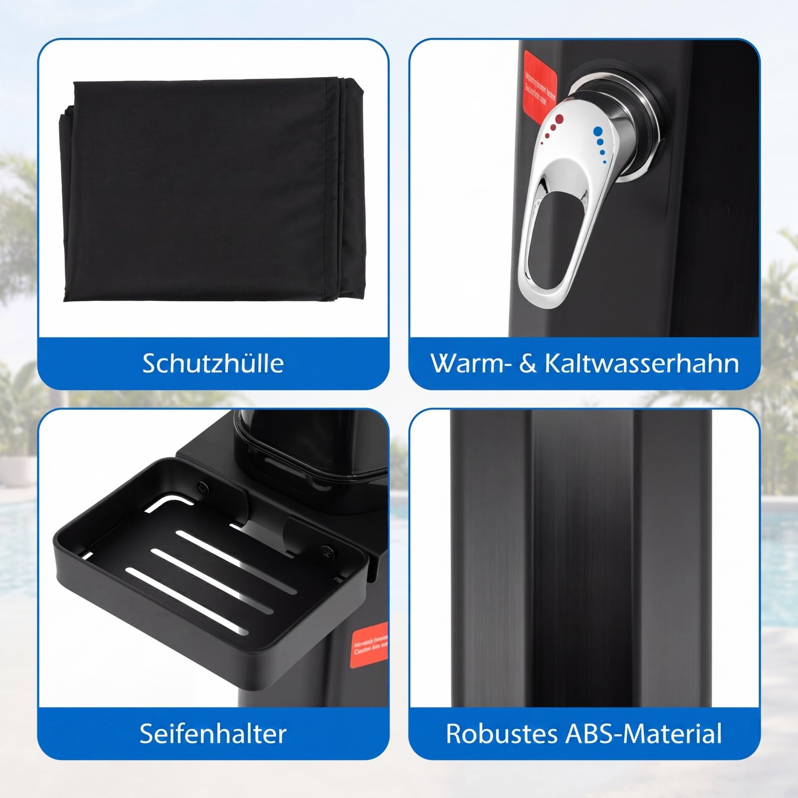 COSTWAY Solardusche 35L mit Handbrause inkl. Abdeckung | Gartendusche mit Ablage, Regenduschkopf und Wasserhahn | warmes Wasser | max. 60°C | ohne Stromanschluss | Pooldusche Camping | Schwarz