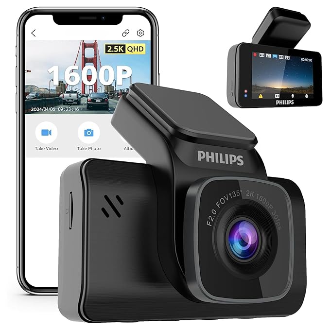 Philips GoSure 5101 Dash Cam for Car | 2K QHD 1600p Sony STARVIS IMX335 | 135° Wide Angle | Night Vision | G-Sensor | Loop Recording | Wi-Fi App | Car Camera Recorder